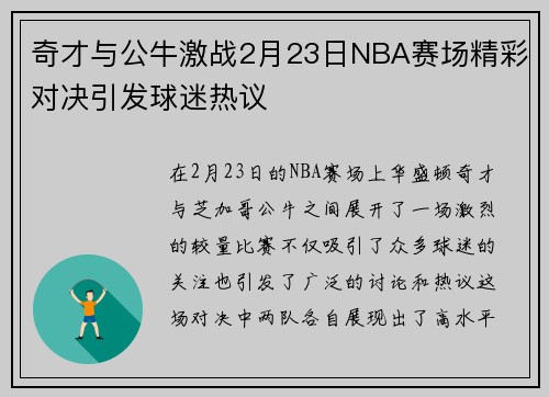 奇才与公牛激战2月23日NBA赛场精彩对决引发球迷热议